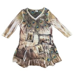 Cover Charge Women MED Tunic Peacock Rhinestone Art to Wear France Whimsy Fairy